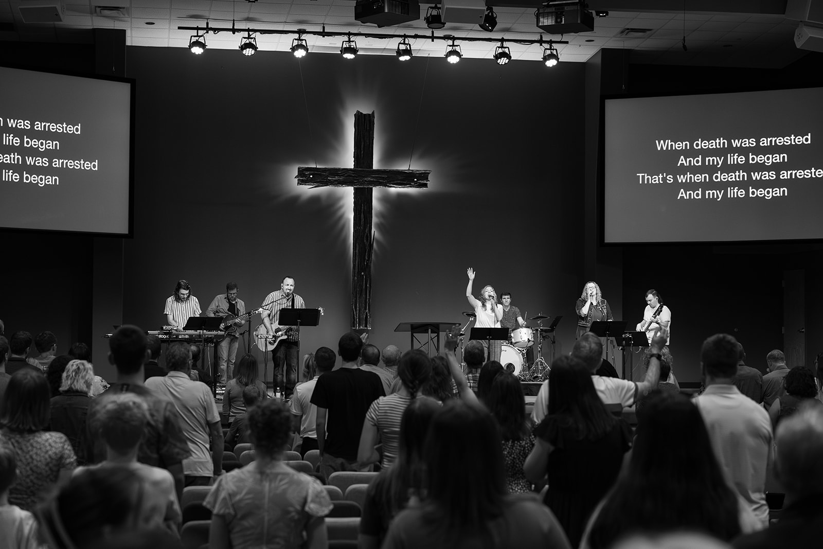 A wide view of the room during Sunday worship